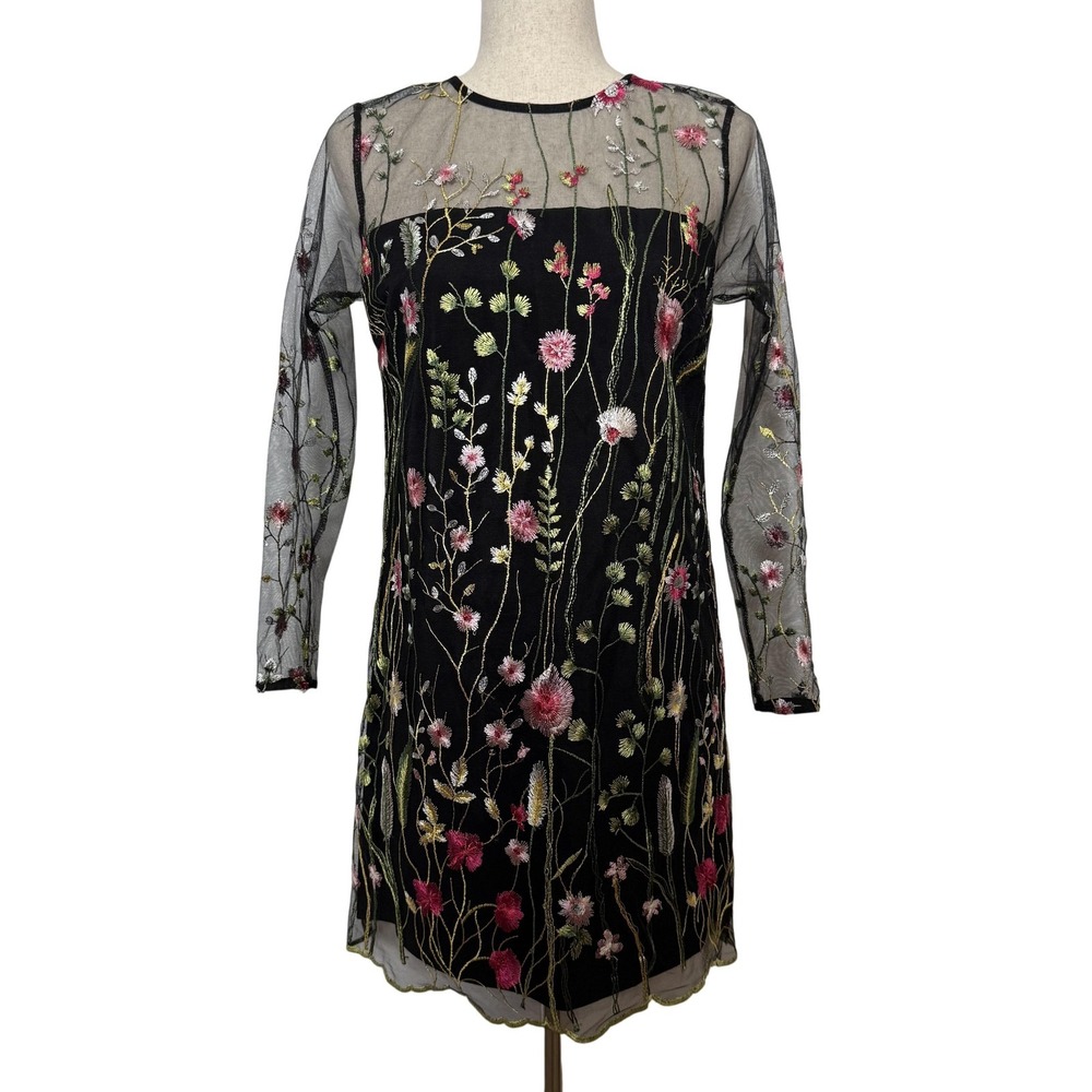 Love...Ady Floral Embroidered Shift Dress Womens XS Black Sheer Stretch Made USA